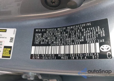 2020 Toyota Corolla Le from USA, damaged, VIN 5YFEPRAE7LP094923